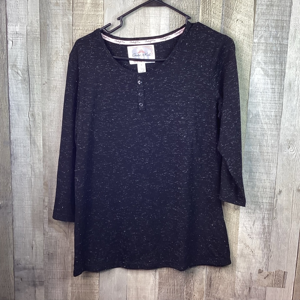 Goodnight Kiss Size Small 3/4 Sleeve Crewneck Sleep Top Black & Silver M…